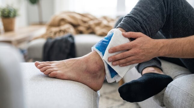 Foot injury treatment includes applying a cold pack to reduce swelling and relieve pain. The scene emphasizes immediate care and management of foot injuries to ease discomfort.