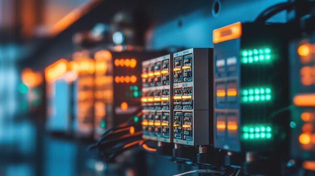 A PLC cabinet stands in a control room with green and amber lights glowing. Wires connect various modules for monitoring and control. The setting is busy with active machinery around