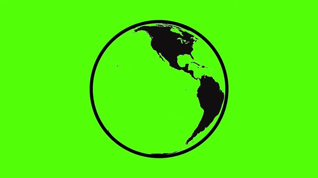 Minimalist 2d earth globe rotating animation loop on green screen background, planet earth spinning icon footage for chroma key video