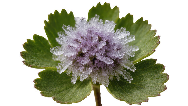 Frost covered purple flower bud on green leaf