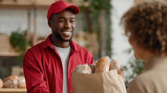 A friendly supermarket employee in a red uniform hands a shopping bag filled with packaged bread to a smiling customer. The store is bright and clean, enhancing the positive interaction