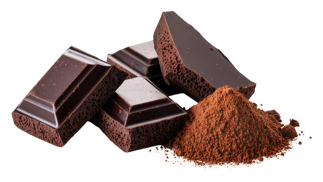 Dark chocolate chunks and cocoa powder pile