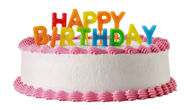 White birthday cake with pink frosting and colorful candles