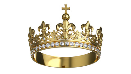 Ornate golden crown with diamonds and fleur-de-lis, isolated on transparent background © Aliona