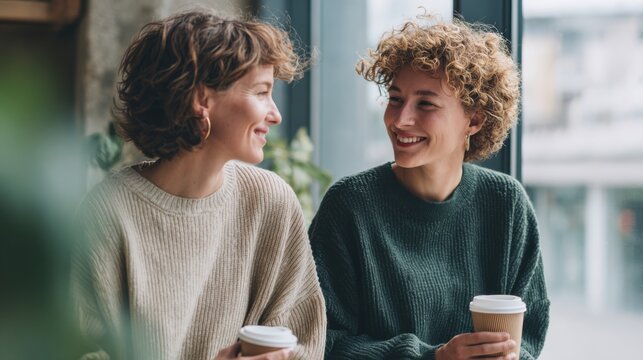 Two friends sit by a large window in a coworking space. They hold paper cups and share smiles. Soft daylight brightens the room. The setting encourages casual conversation
