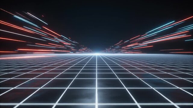 Futuristic animation journeys infinite matrix grid paths. Sci-fi futuristic animation streaks red blue neon lights. Creative futuristic animation loops virtual vector tunnels.