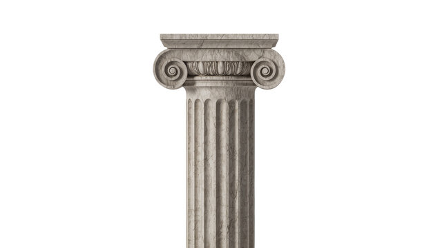 Ancient Ionic column capital with volutes and fluted shaft, isolated on transparent background