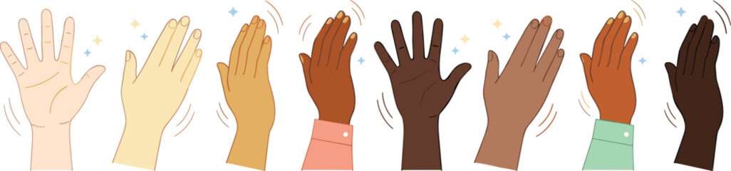 Diverse Waving Hands Vector Illustration Featuring Multiethnic Skin Tones Cheerful Friendly Greeting and Community Welcome Concept for Banners and Apps © MinnatunAkter