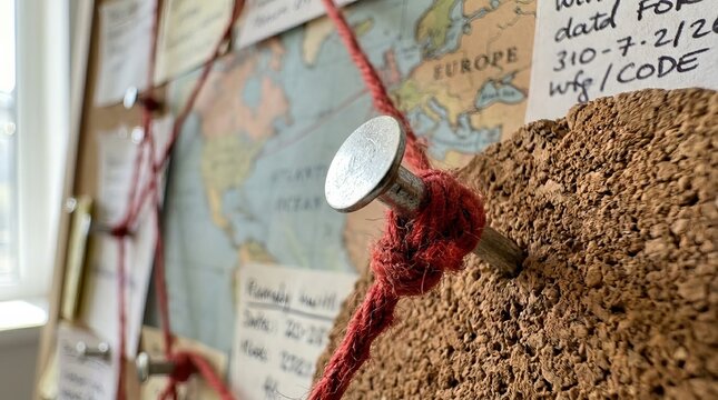 Investigation board with red string and pins on vintage world map for solving mysteries