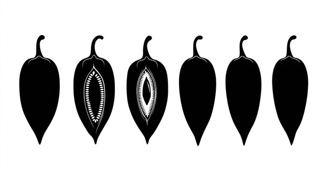 Six illustrations display a chili pepper in profile silhouette and longitudinal cross section views