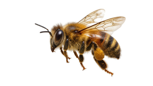 Honey bee with pollen sac on leg flying