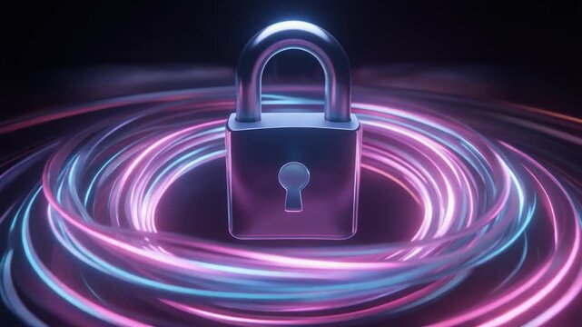 Stock image animation spins silver padlock models. Tech stock image animation loops neon pink blue paths. Secure stock image animation protects database folders.
