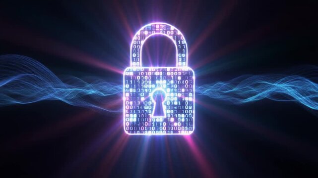 Padlock lock security animation tracks digital data waves. Cyber padlock lock security animation counts binary code files. Safe padlock lock security animation guards server logs.