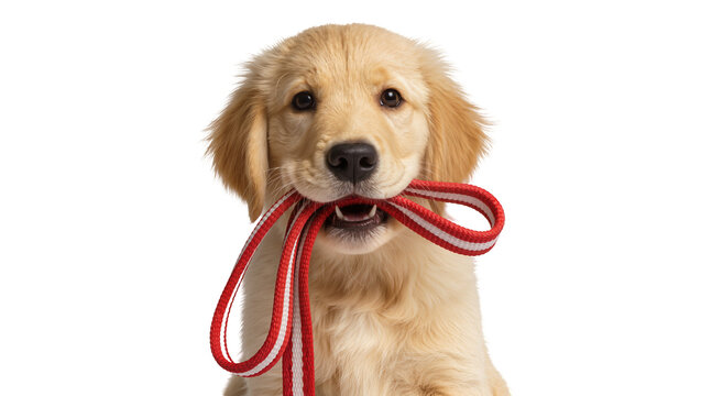 Golden Retriever puppy holding red and white striped leash in mouth