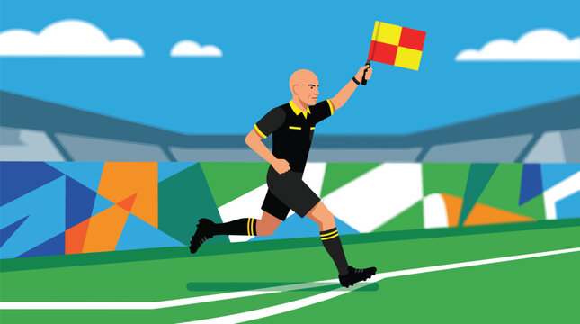 Flat Vector Illustration of a Bald Male Linesman Running and Raising a Checkered Flag to Signal Offside, Soccer Assistant Referee in Corporate Flat Design Style