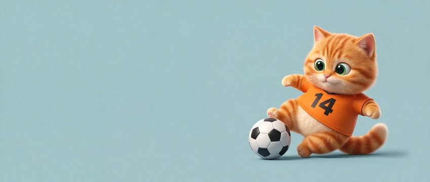 Cute orange kitten playing soccer ball in jersey sports cartoon character running on blue background with copy space, funny animated baby cat athlete kick training banner illustration.