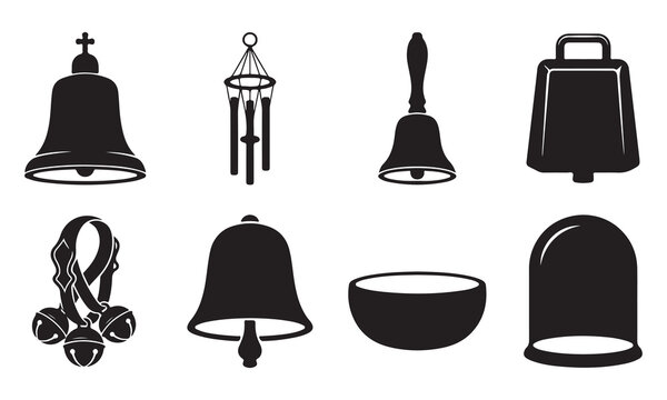Collection of black silhouettes representing various types of bells, including church bells, handbells, cowbells, wind chimes, and a singing bowl, isolated on a white background