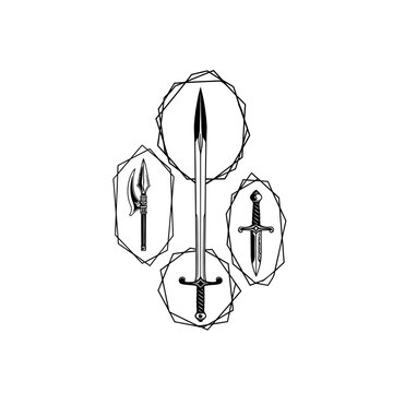 Medieval sword dagger and polearm in geometric frames