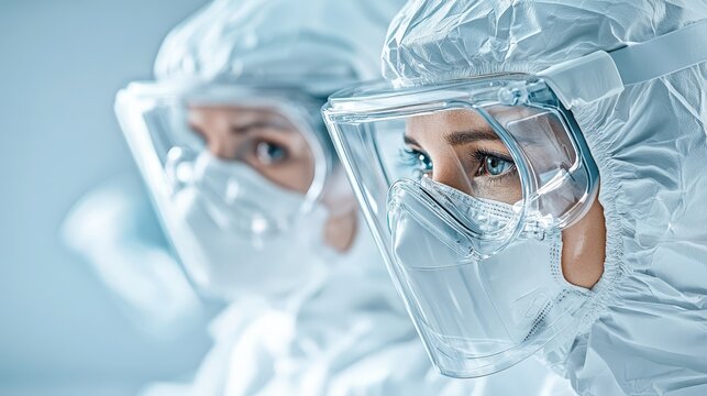 Two scientists in full protective gear, including face masks and shields, intently study disease pathogens in a sterile laboratory environment for public health.