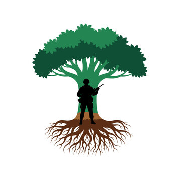 Armed soldier silhouette standing under a tree with complex roots