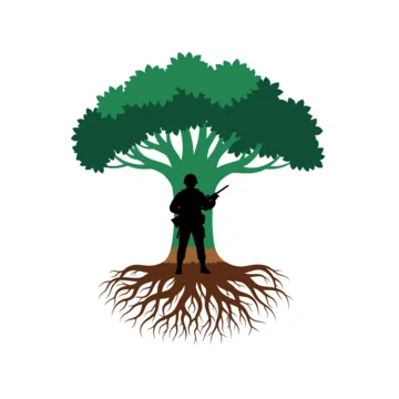 Armed soldier silhouette standing under a tree with complex roots