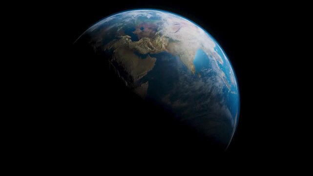 Realistic Planet Earth Rotating in Space with Cinematic Sunrise, Glowing Sun Light Over Asia and Middle East Continents, 3D Global Astronomy Loop Video Asset