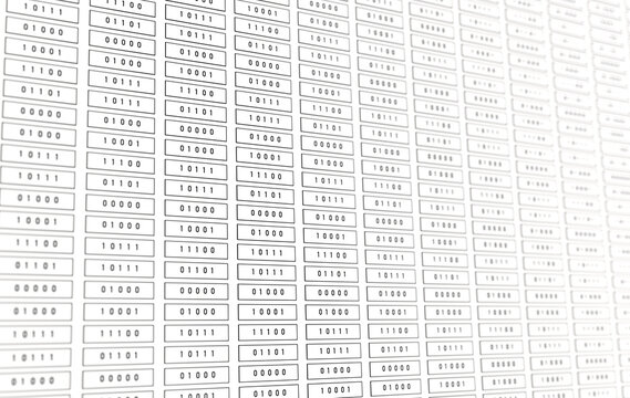 Columns of black binary code on a white screen, computer language. Encryption, digital code, big data, blockchain, firewall, data privacy, computer technology.