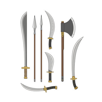 Collection of medieval melee weapons including swords axe and spears