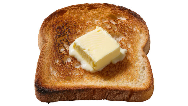 Golden brown toast with melting butter cube, isolated on transparent background