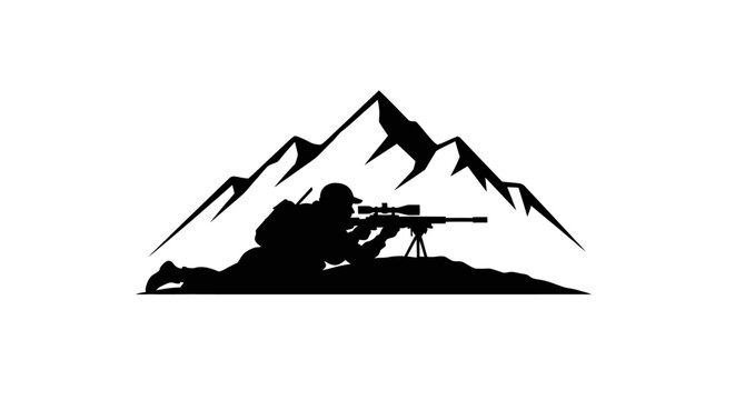 Marksman with scope rifle aiming in the mountains silhouette