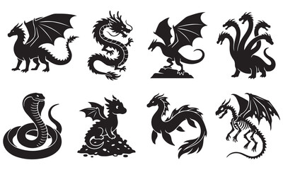 Collection of eight black silhouette featuring mythical dragons, a coiled cobra snake, a small dragon on a treasure pile, and a skeletal dragon, isolated on a white background © Sabbir Art Express