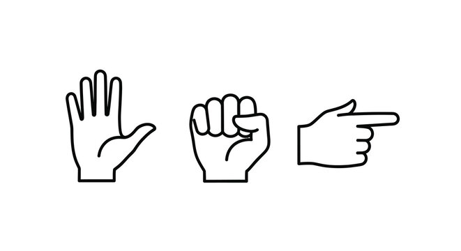 Hand gesture silhouettes depicting stop rock and point on white background