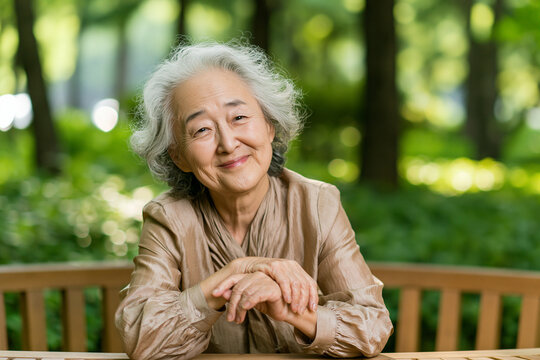 공원 정자에서 여유롭게 미소 짓는 우아한 한국인 시니어 여성 - 건강한 노후 콘셉트