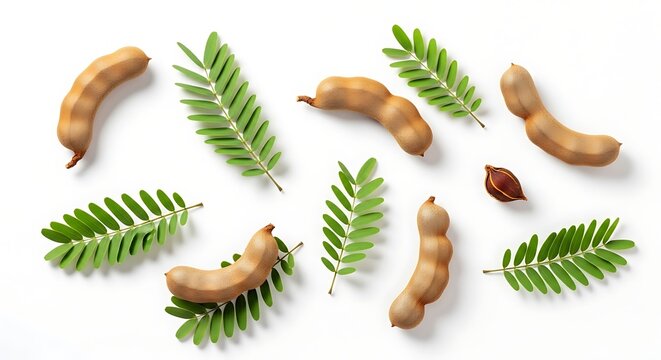 Tamarind fruits and green leaves arrangement.