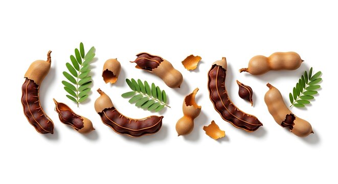 Tamarind fruits and leaves arrangement.
