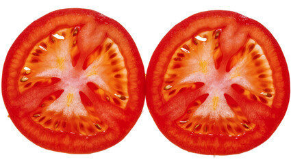 Two halves of a ripe red tomato showing seeds and pulp, isolated on transparent background © Aliona