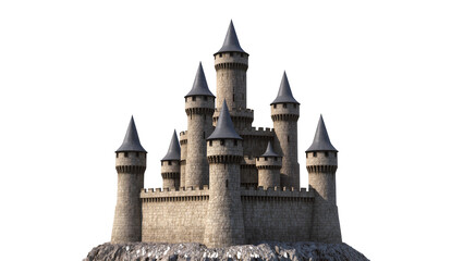 Stone medieval castle with multiple conical towers and crenellated walls © Jonas