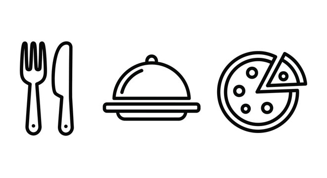 Food related Line Icons Fork Knife Covered Dish And Pizza Slice