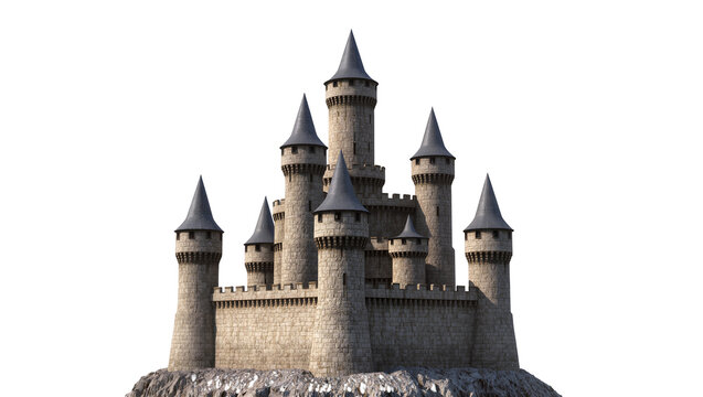 Stone medieval castle with multiple conical towers and crenellated walls