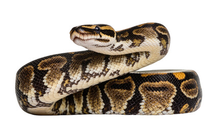Fototapeta premium Ball python coiled with patterned scales and yellow markings