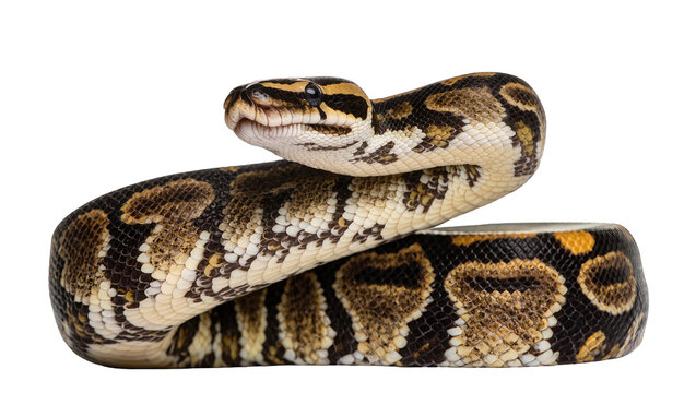Ball python coiled with patterned scales and yellow markings