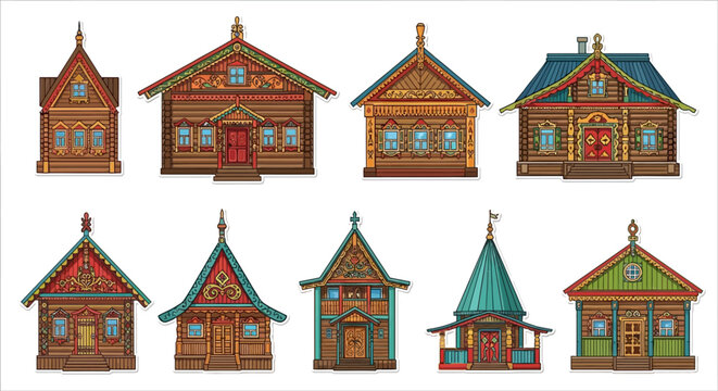 Romanian peasant homesteads vector illustration with traditional houses and colorful facades in a rural landscape scene viewed from above.