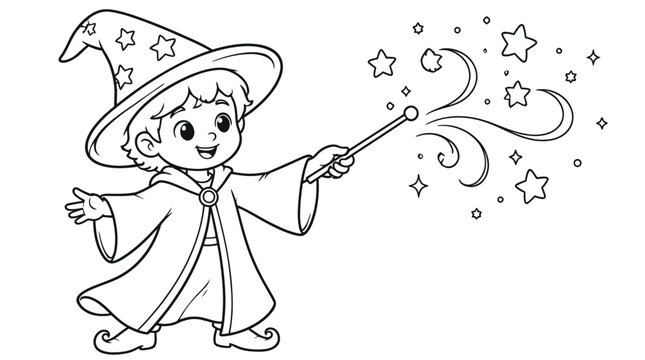 A young sorcerer casts a spell with a wand and magical stars