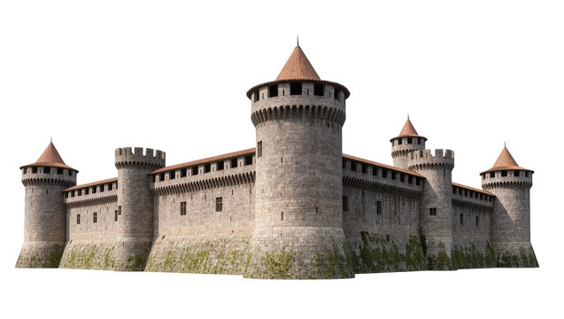 Medieval stone castle with multiple towers and crenellated walls