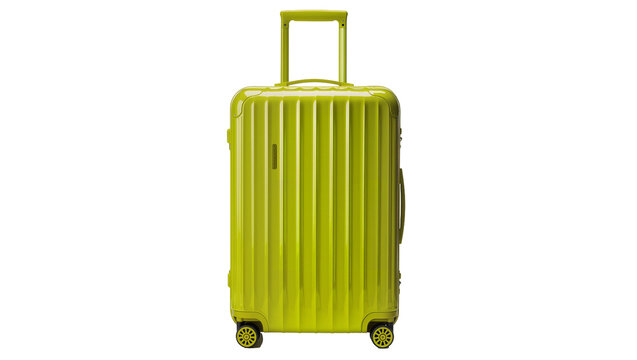 Shiny lime green ribbed suitcase with telescopic handle, isolated on transparent background