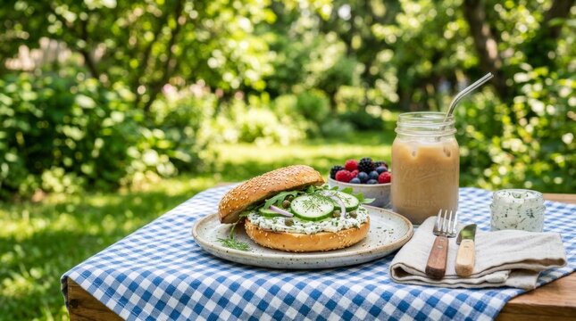 Vegan cream cheese bagel served outdoors on a checkered tablecloth, surrounded by fresh berries and iced coffee, summer picnic, healthy lifestyle food photography.