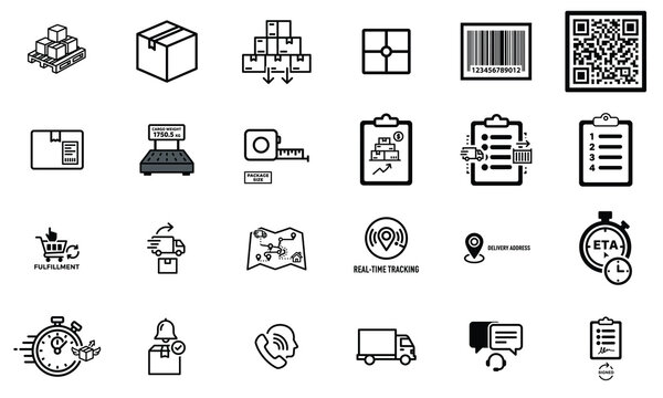 Warehouse management and inventory control icons set for global logistics with inventory warehouse logistics management tracking shipping