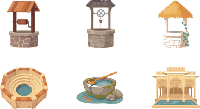 Ancient Stone Water Well and Stepwell Vector Set with Traditional Wish Wells, Japanese Tsukubai, and Historic Architecture Elements for Game Design