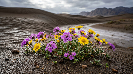 Obraz premium Desert flowers blooming in wet sand after rain with mountains in background