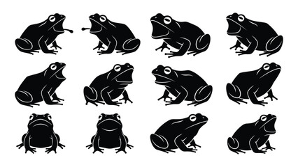 Obraz premium Set of black frog silhouettes on white background